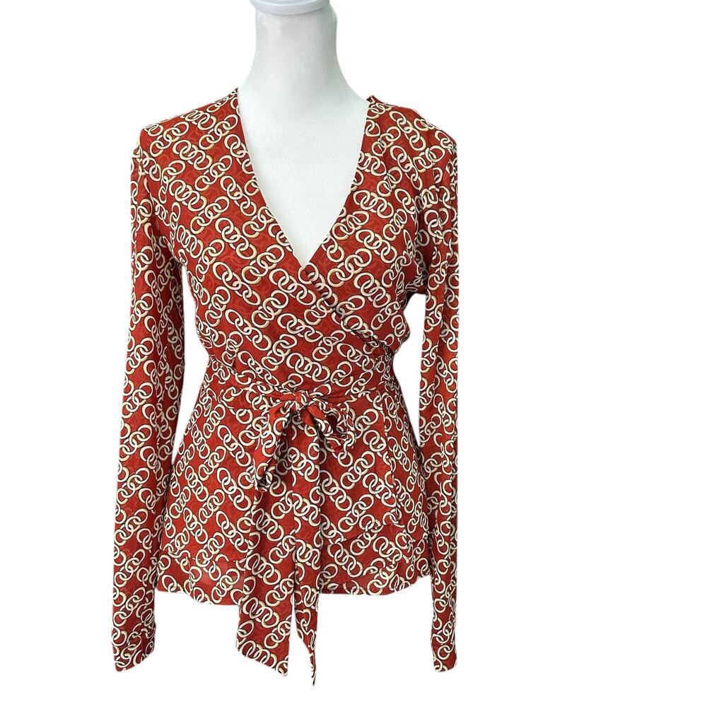 Cabi Ringleader Wrap Top Red Chain Print‎ Mesh Long Sleeve Feminine Retro Sz XS
